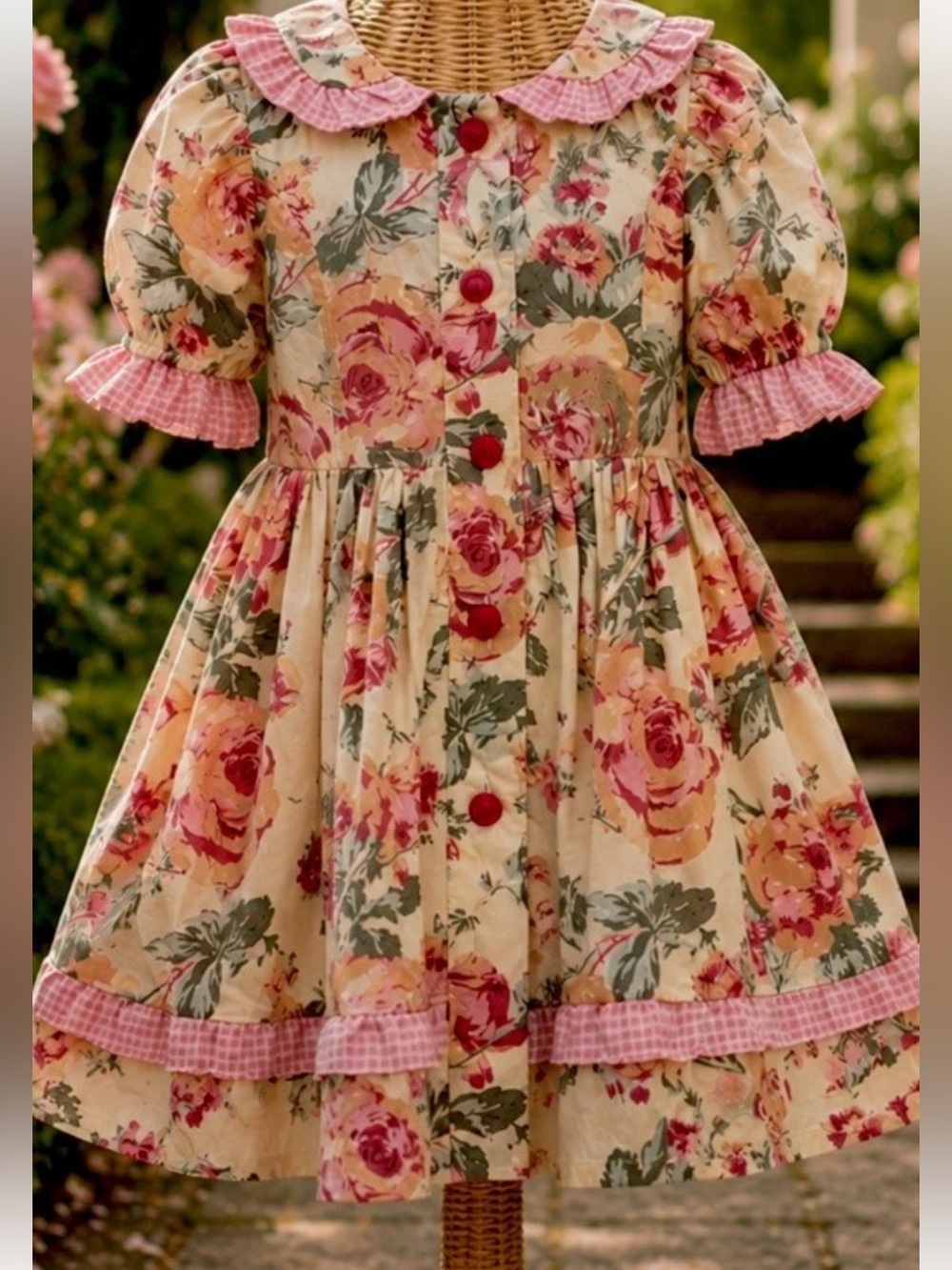 Vintage Rachel’s Kids Floral Gingham Ruffle Rose Tea Party Dress Girls 5